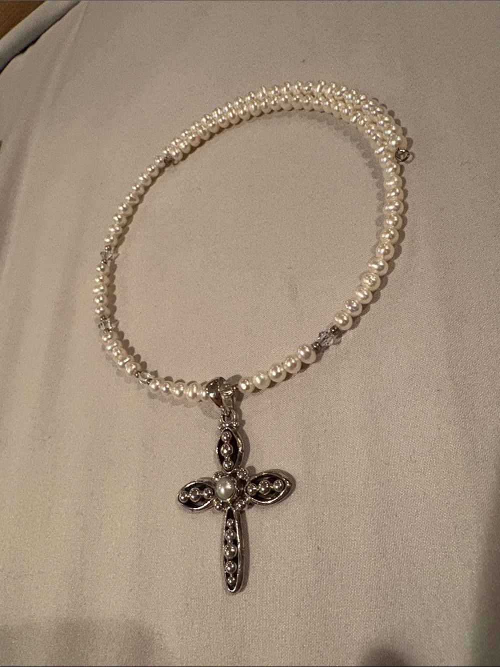 Silpada Elegant Freshwater Pearl & Crystal Necklace with Silver Cross Pendant